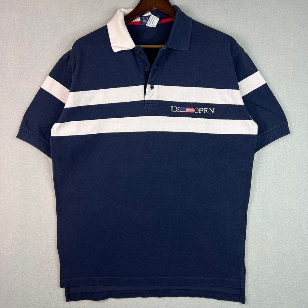 Vintage US Open Tennis Tournament Blue White Striped Polo Shirt L